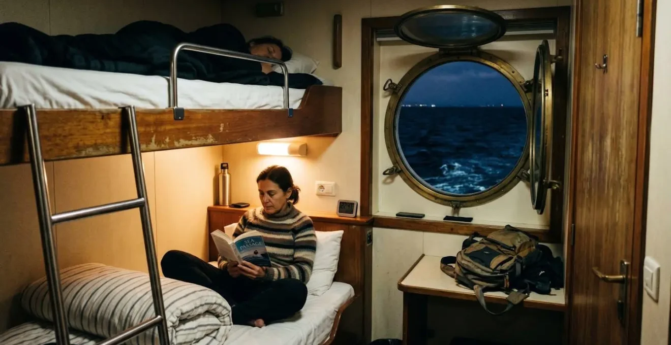 Intérieur d'une cabine privée de ferry avec couchettes superposées et hublot donnant sur la mer Méditerranée