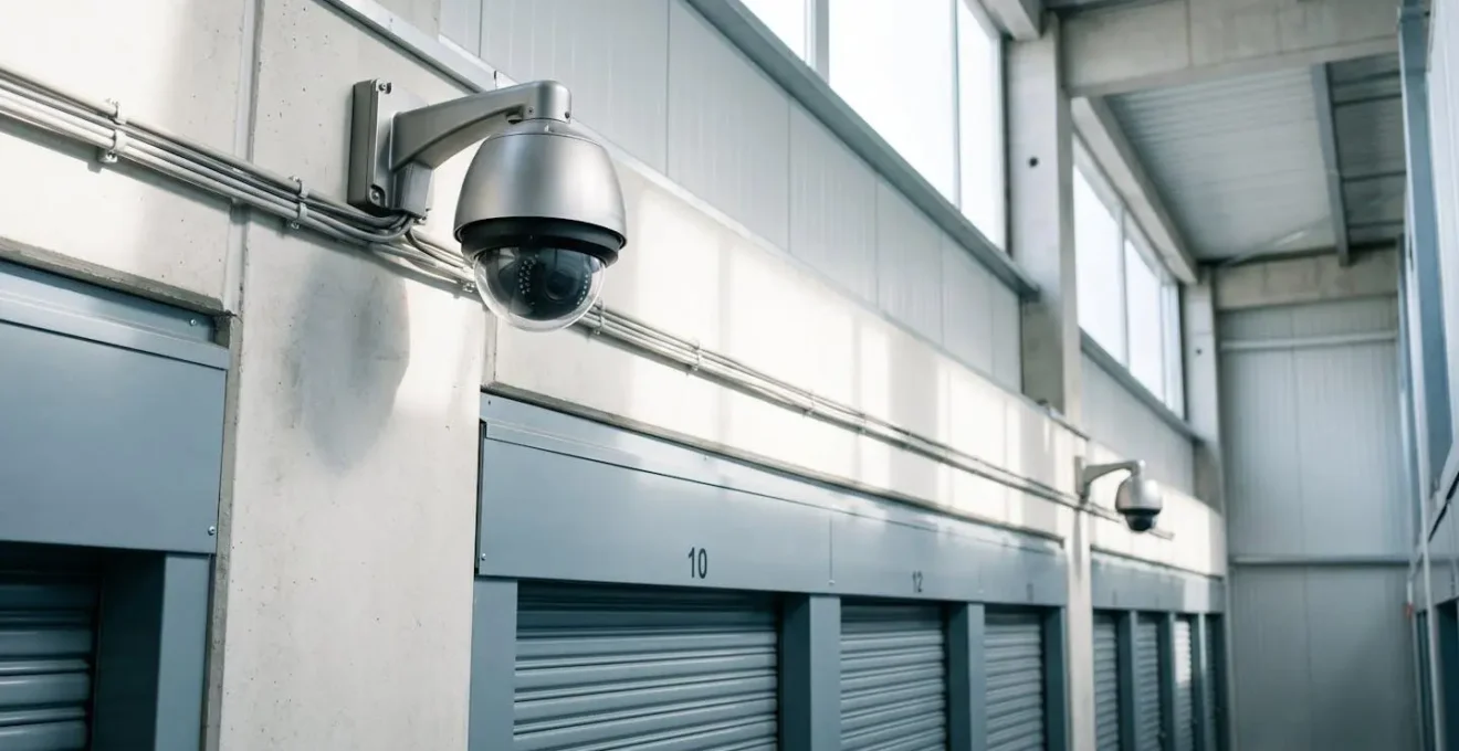 Caméra de vidéosurveillance dôme moderne installée en hauteur sur un mur de site de stockage professionnel avec architecture contemporaine en arrière-plan