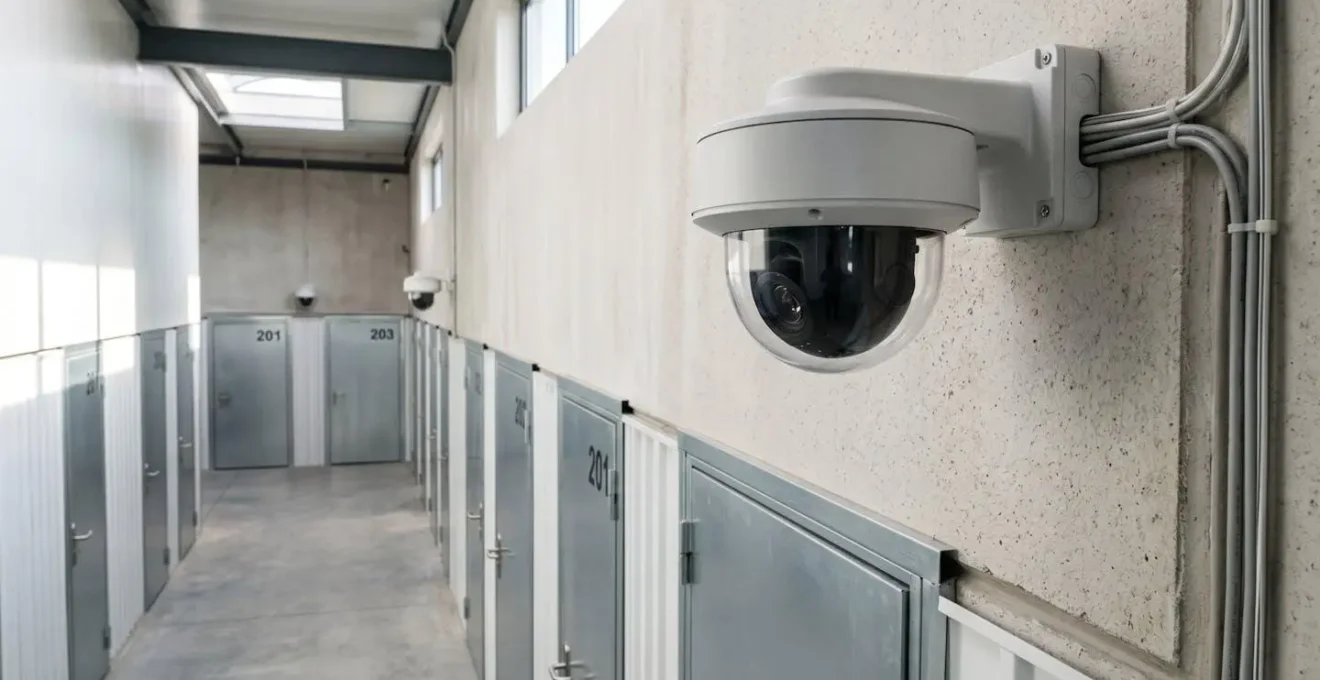 Caméra de vidéosurveillance dôme moderne installée en hauteur sur un mur de site de stockage professionnel avec architecture contemporaine en arrière-plan