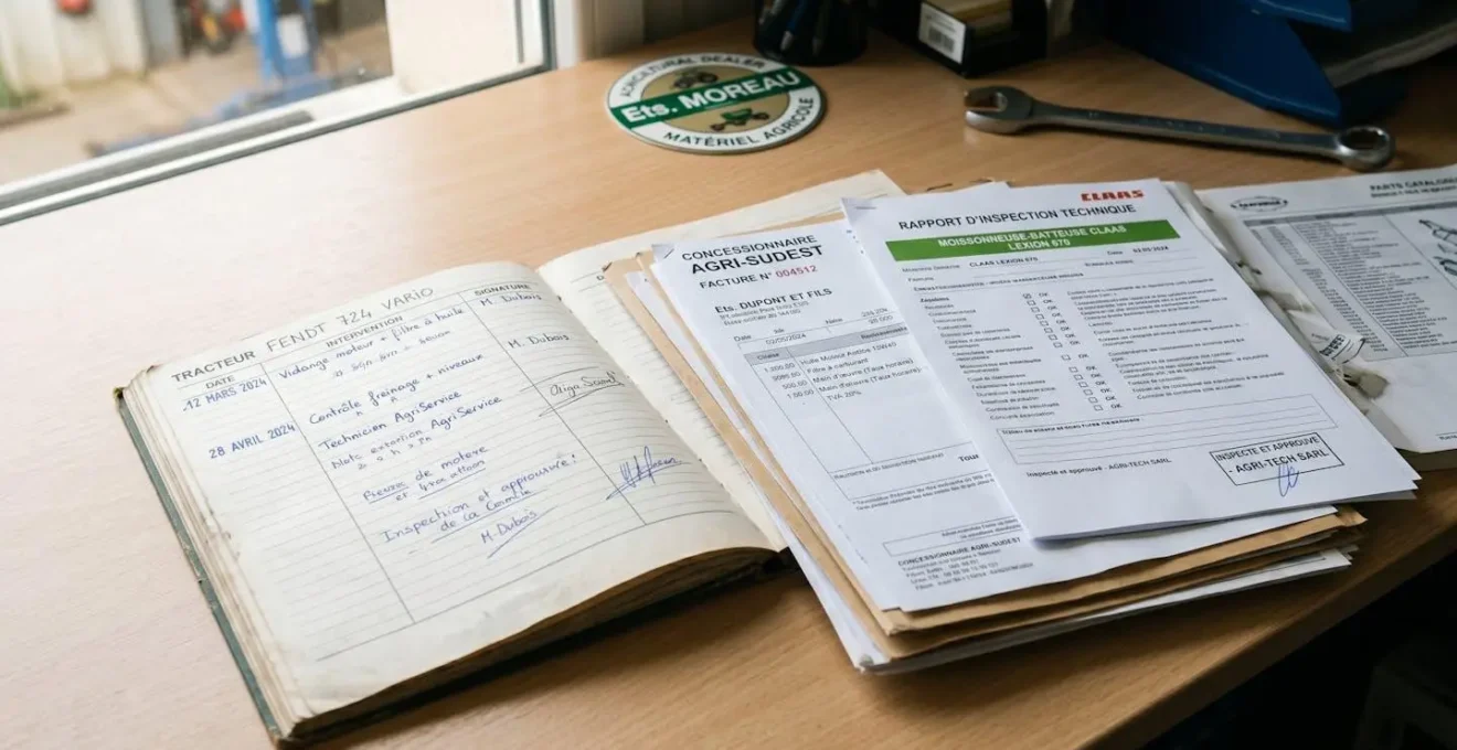 Carnet d'entretien agricole ouvert avec factures de révisions et rapport de contrôle technique disposés sur bureau d'exploitation, tous documents en français