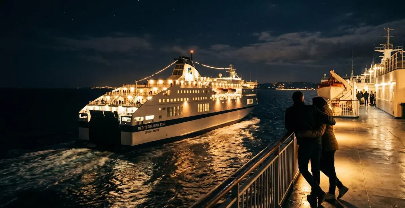 Vue nocturne d'un ferry traversant la Méditerranée, lumières du pont reflétées sur l'eau, passagers silhouettés à la rambarde