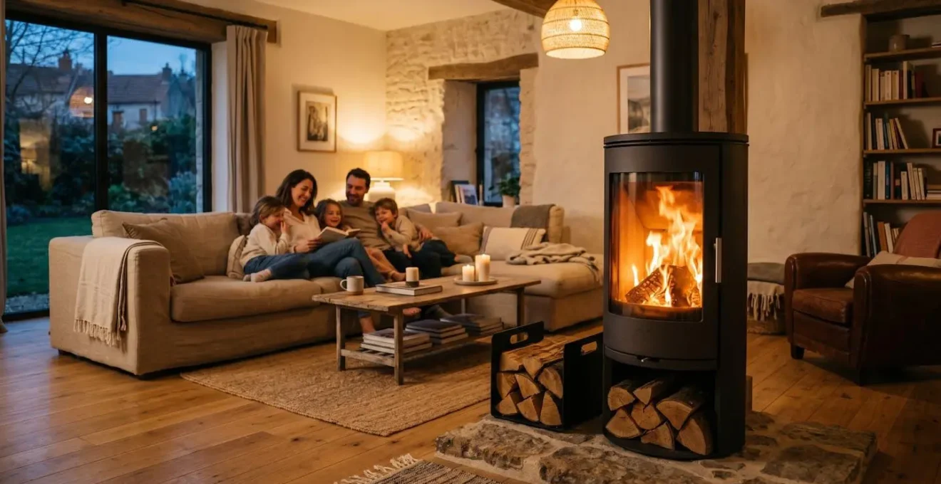 Salon contemporain avec un poêle à bois allumé diffusant une lumière dorée, famille installée sur un canapé