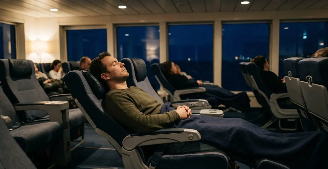 Passager installé dans un fauteuil lounge inclinable à bord d'un ferry de nuit en Méditerranée