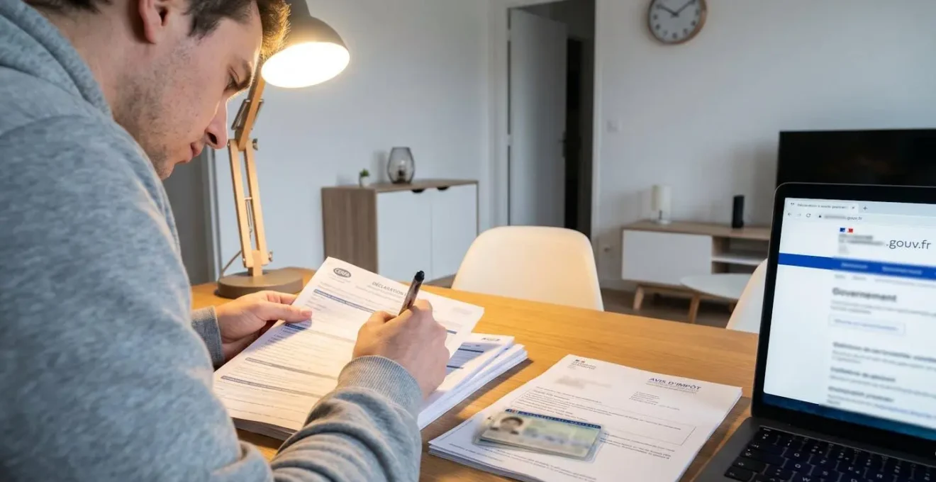 Personne de dos remplissant des formulaires administratifs à un bureau, stylo en main, documents empilés à proximité (carte d