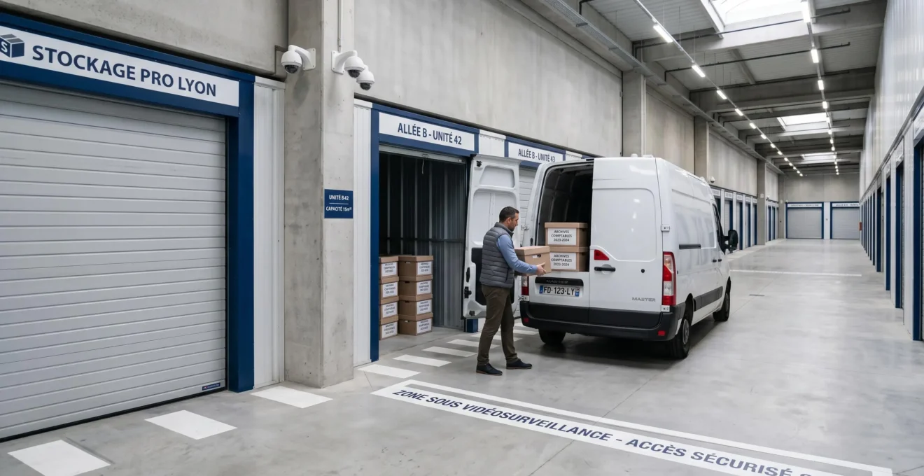 Professionnel chargeant des archives dans un box de stockage sécurisé en périphérie de Lyon, allée moderne entre unités métalliques avec vidéosurveillance visible et utilitaire stationné devant box ouvert