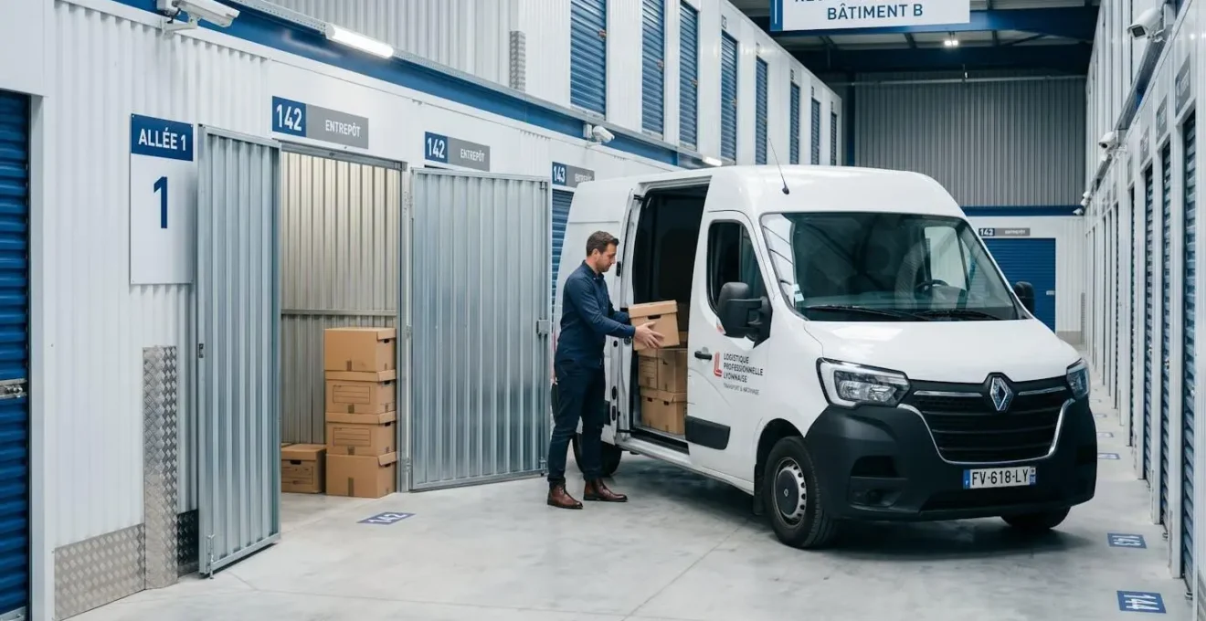 Professionnel chargeant des archives dans un box de stockage sécurisé en périphérie de Lyon, allée moderne entre unités métalliques avec vidéosurveillance visible et utilitaire stationné devant box ouvert