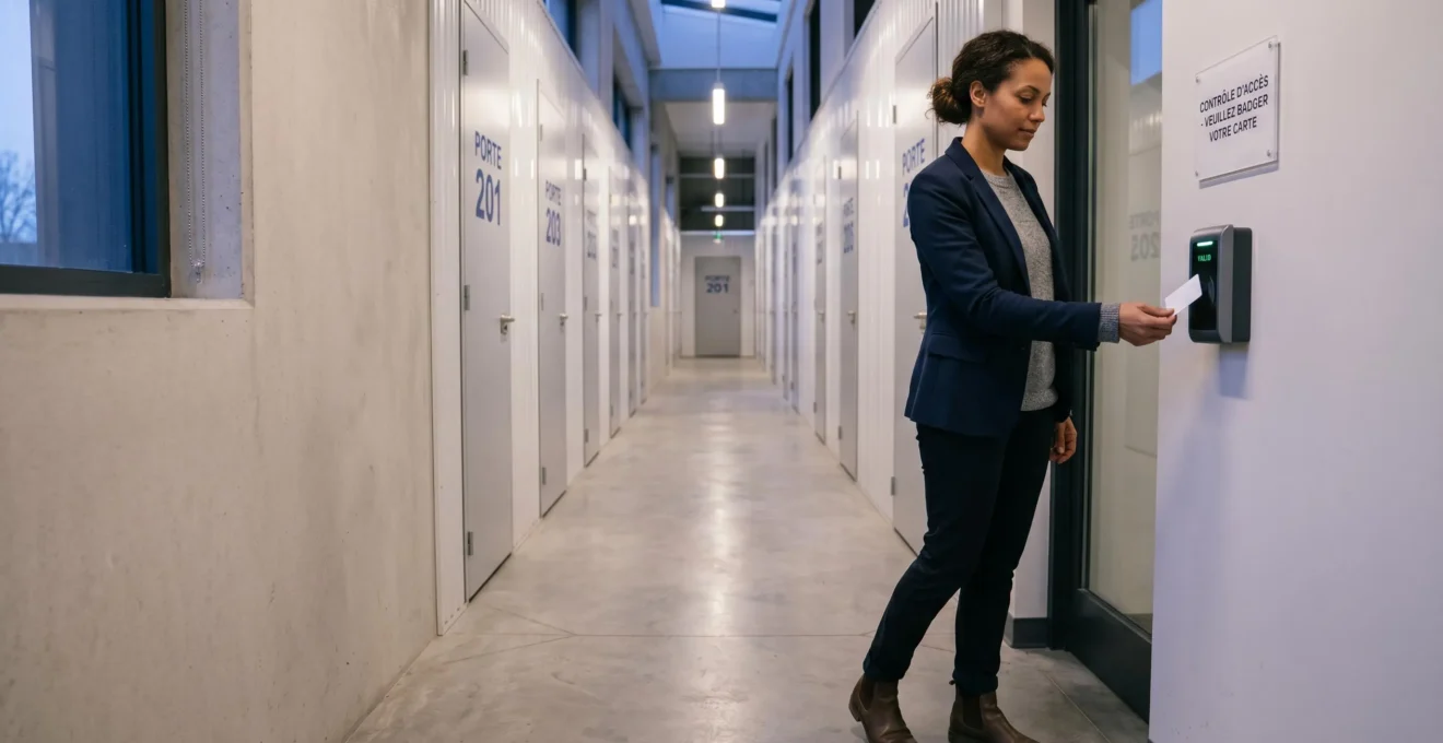 Professionnelle utilisant un badge électronique RFID pour accéder à un couloir de boxes de stockage en soirée avec éclairage automatique LED