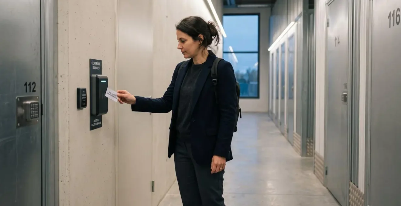 Professionnelle utilisant un badge électronique RFID pour accéder à un couloir de boxes de stockage en soirée avec éclairage automatique LED
