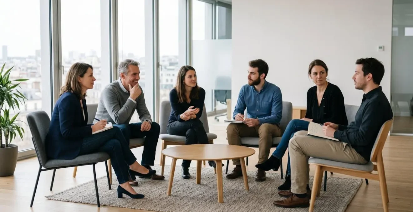 Session de debriefing d'équipe en cercle dans une salle de réunion moderne avec grandes baies vitrées
