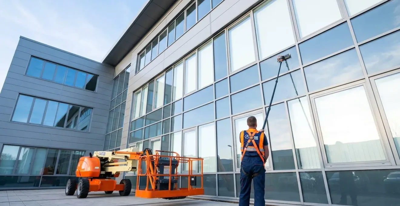 Technicien professionnel nettoyant une façade vitrée commerciale en hauteur avec équipement de sécurité