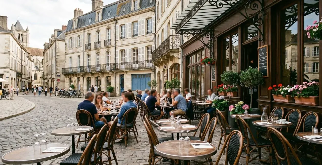 Terrasse extérieure de la Brasserie des Européens sur une place du centre-ville d'Annecy, tables disposées face à l'architecture historique