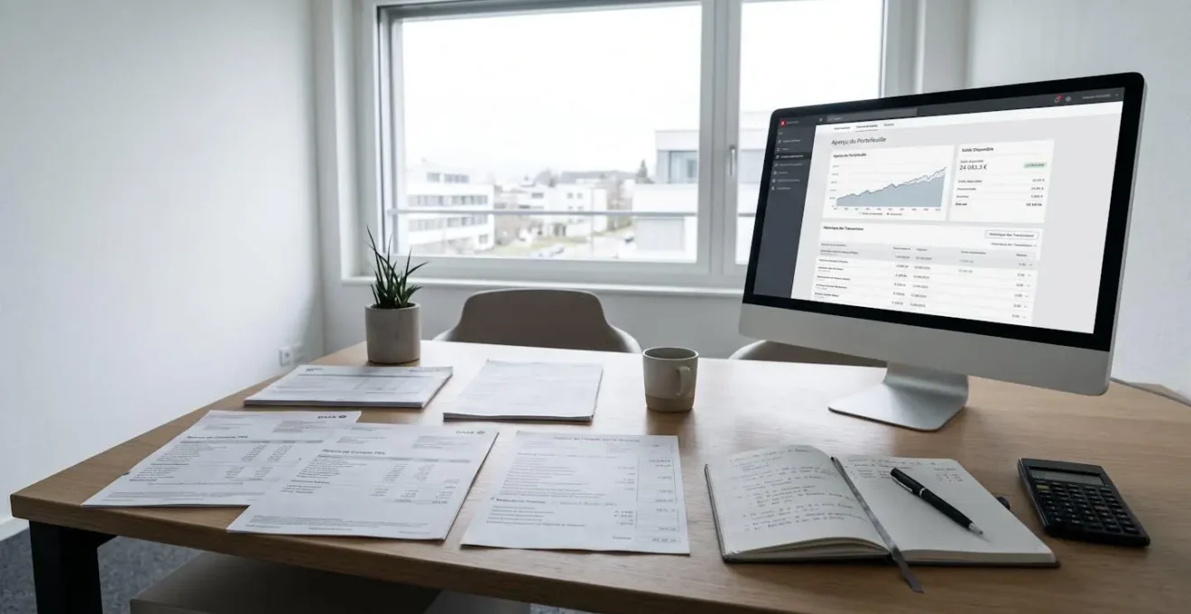 Bureau moderne de conseil financier avec documents PEL, calculatrice et écran d'ordinateur affichant des interfaces bancaires en français