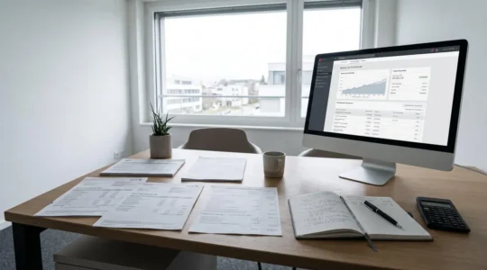 Bureau moderne de conseil financier avec documents PEL, calculatrice et écran d'ordinateur affichant des interfaces bancaires en français