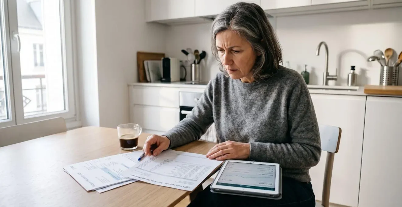 Personne française consultant ses comptes bancaires sur tablette avec expression préoccupée face aux chiffres