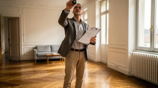 Agent immobilier mesurant la hauteur sous plafond d'un appartement dijonnais lors d'une évaluation