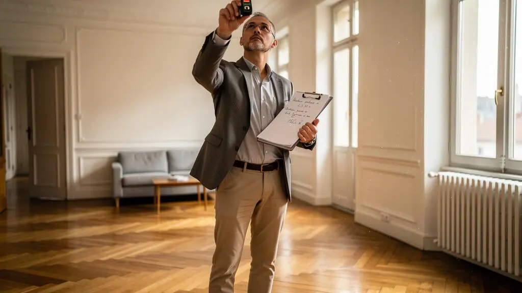 Agent immobilier mesurant la hauteur sous plafond d'un appartement dijonnais lors d'une évaluation