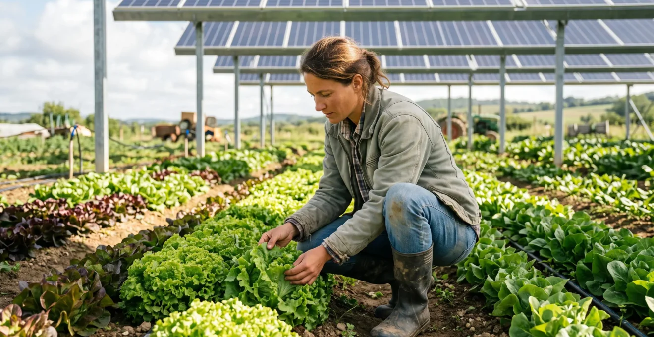 Jeune agricultrice inspectant des salades en bonne santé cultivées sous panneaux agrivoltaïques dans une exploitation maraîchère française