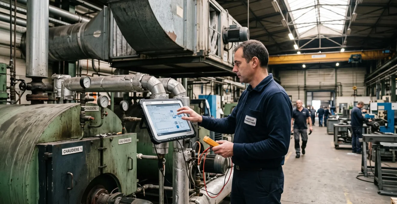 Ingénieur réalisant un audit énergétique avec une tablette dans un atelier industriel français