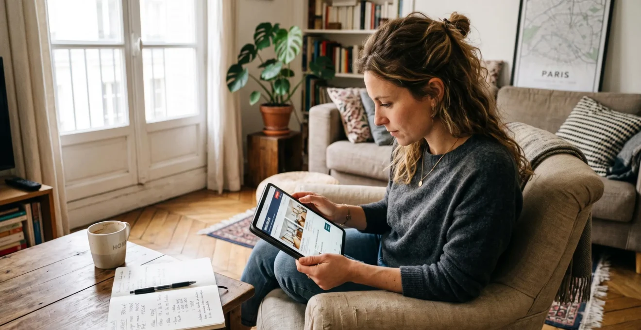 Personne consultant des annonces immobilières sur une tablette dans son salon avec des notes de budget à proximité