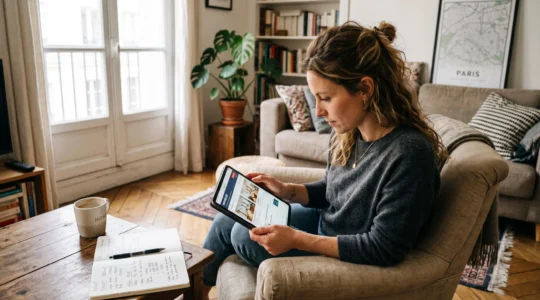 Personne consultant des annonces immobilières sur une tablette dans son salon avec des notes de budget à proximité