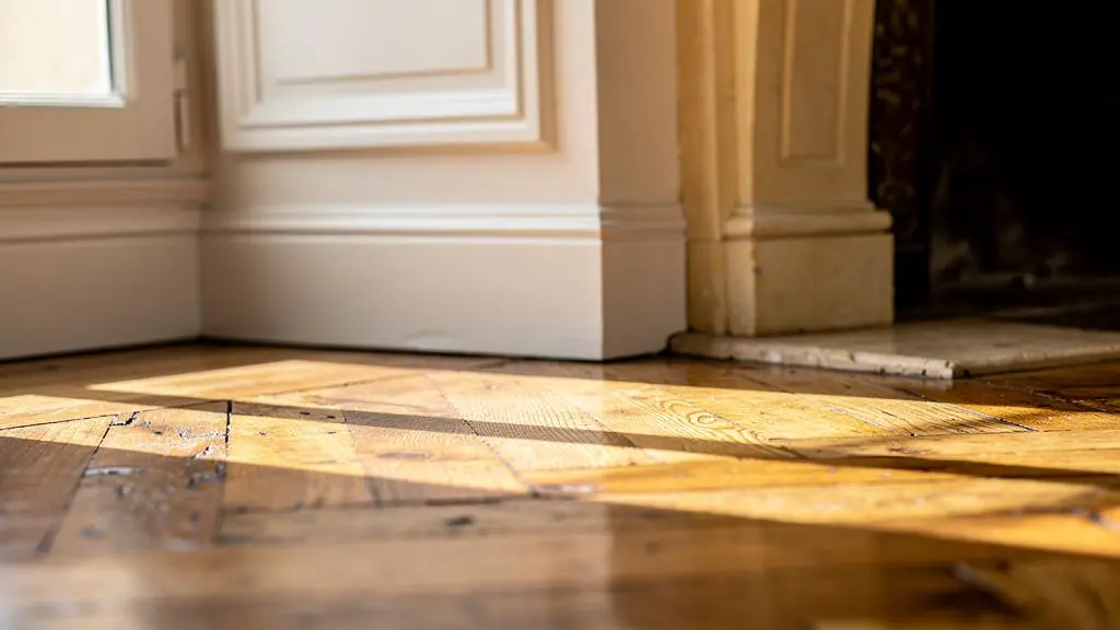 Détail du parquet ancien rénové et des moulures dans un appartement dijonnais