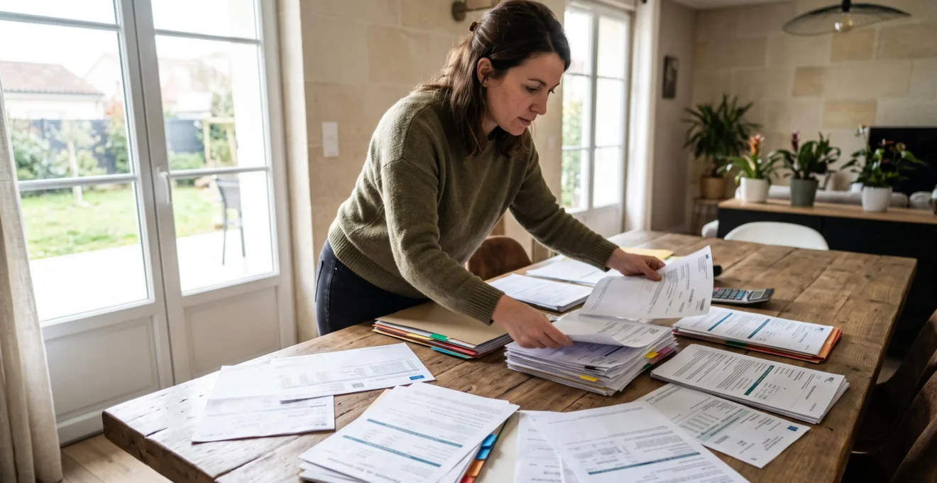 Personne organisant les documents nécessaires à une demande de prêt immobilier sur une table