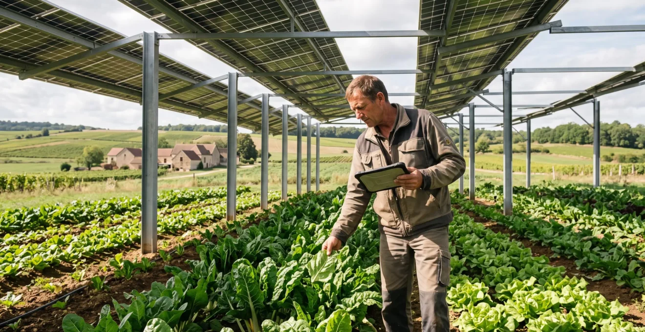 Agriculteur inspectant des cultures maraîchères poussant sous une installation agrivoltaïque avec panneaux solaires surélevés dans une exploitation française