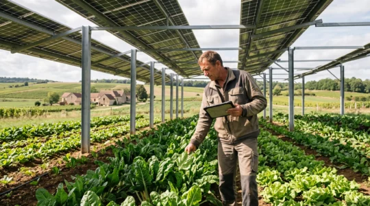 Agriculteur inspectant des cultures maraîchères poussant sous une installation agrivoltaïque avec panneaux solaires surélevés dans une exploitation française