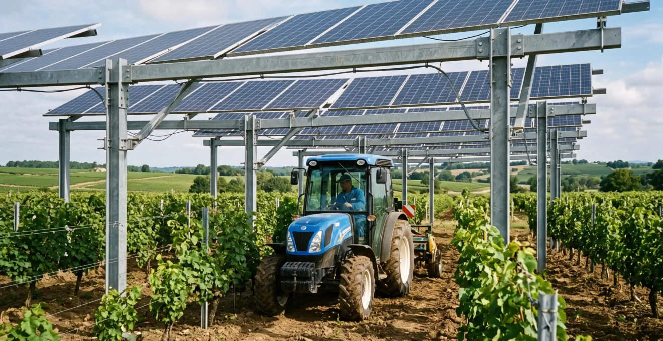 Infrastructure technique d'installation agrivoltaïque montrant la hauteur de passage permettant la circulation d'un tracteur viticole sous les panneaux solaires surélevés