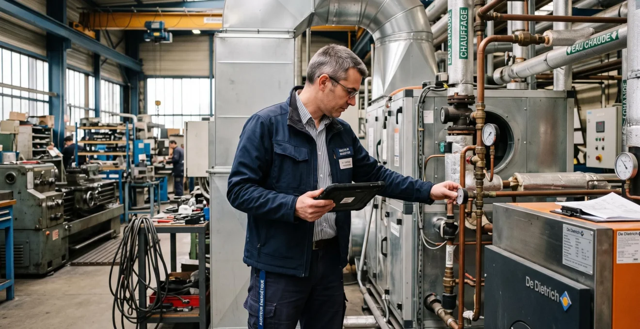 Technicien inspectant une pompe à chaleur industrielle moderne dans un local technique d'usine française
