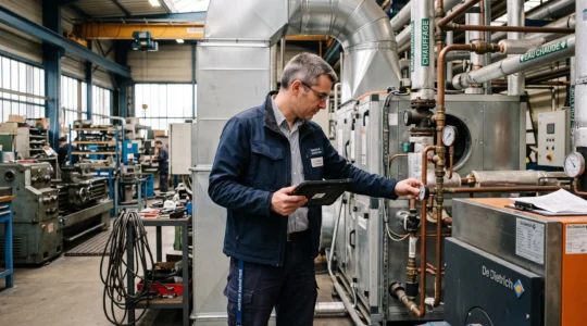 Technicien inspectant une pompe à chaleur industrielle moderne dans un local technique d'usine française