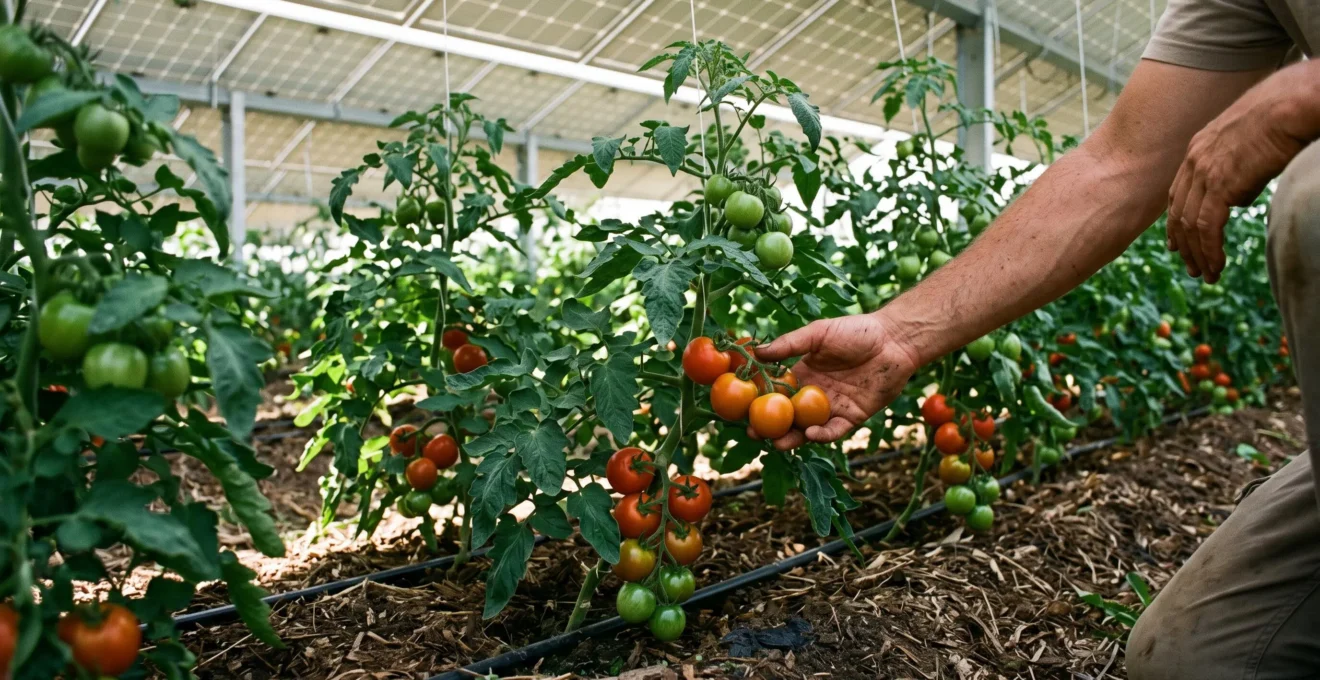 Main d'agriculteur vérifiant des tomates mûres poussant en bonne santé sous des panneaux agrivoltaïques créant une ombre protectrice