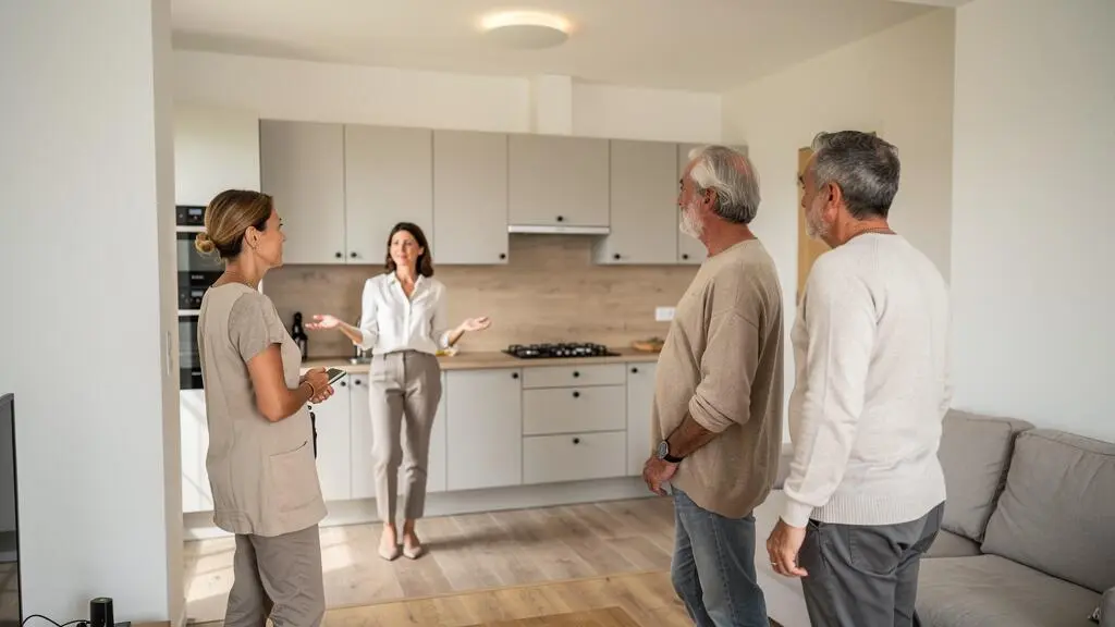 Agent immobilier présentant un appartement à des visiteurs potentiels lors d'une visite à Dijon