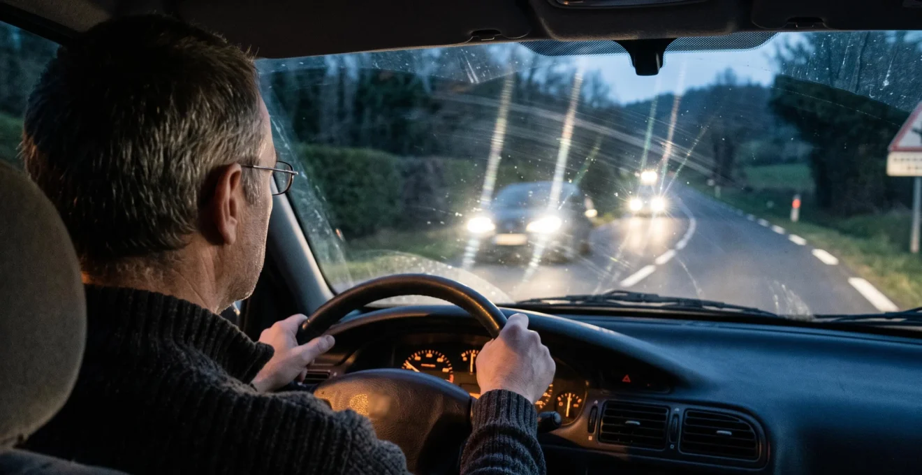 Conducteur portant des lunettes au volant d'une voiture de nuit, halos visibles autour des phares des véhicules venant en sens inverse à travers le pare-brise.