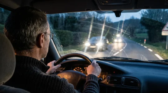 Conducteur portant des lunettes au volant d'une voiture de nuit, halos visibles autour des phares des véhicules venant en sens inverse à travers le pare-brise.