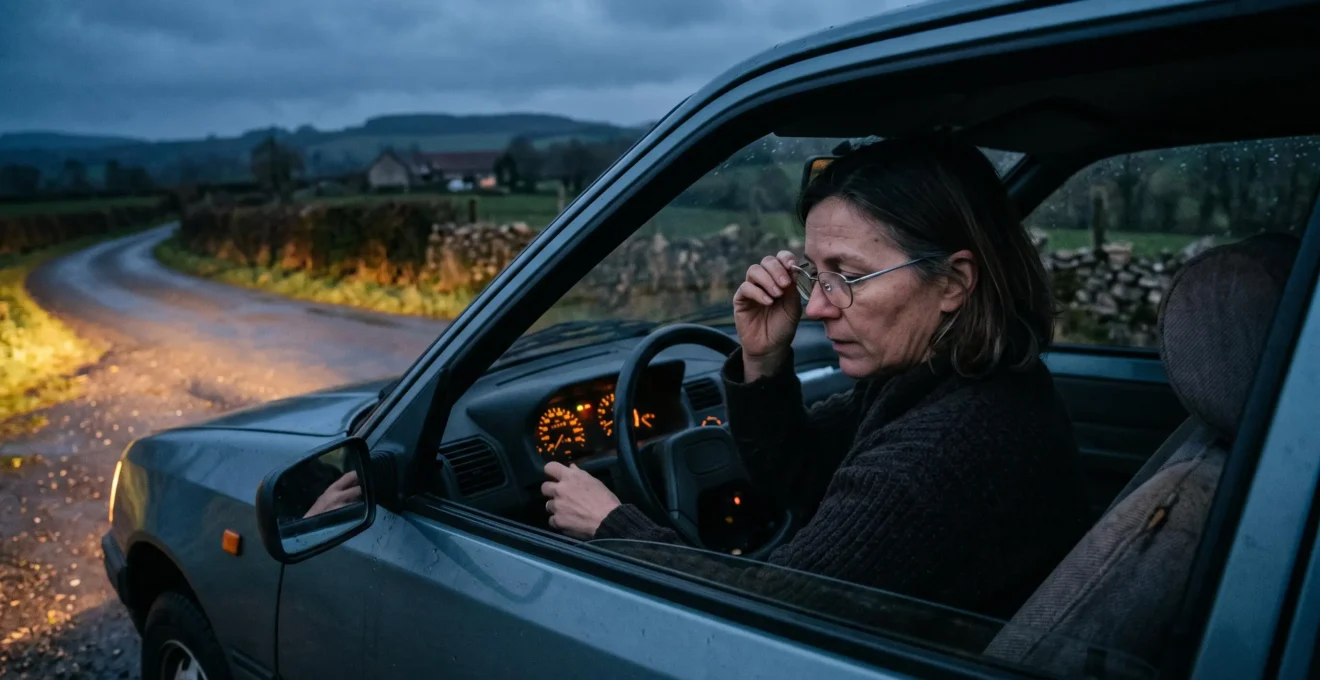 Conductrice réglant ses lunettes et les commandes du tableau de bord dans une voiture stationnée au crépuscule sur une route de campagne.
