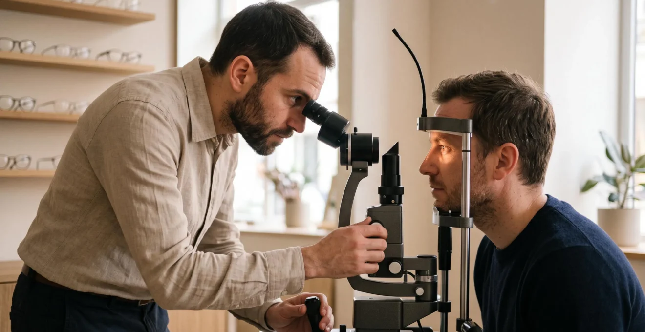 Opticien réalisant un examen de la vue d'un patient sur une lampe à fente dans un magasin d'optique.
