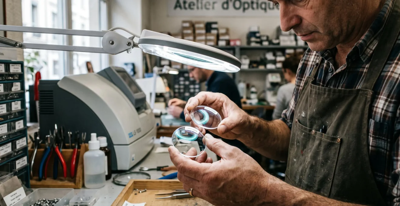 Mains d'un opticien inspectant des verres toriques avec traitement antireflet dans un atelier d'optique.