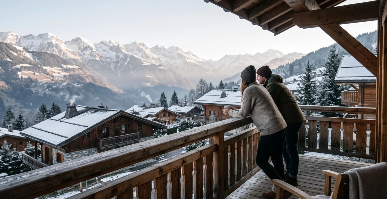 Un couple admire la vue panoramique sur les Aravis depuis le balcon d'un appartement.