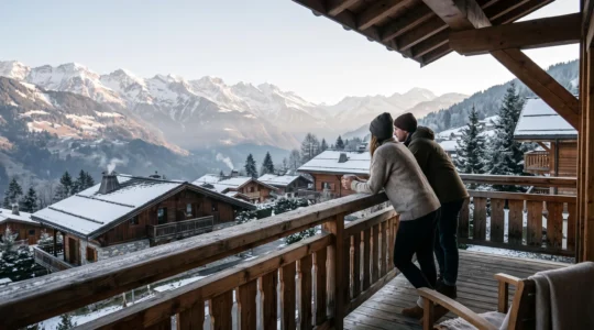 Un couple admire la vue panoramique sur les Aravis depuis le balcon d'un appartement.