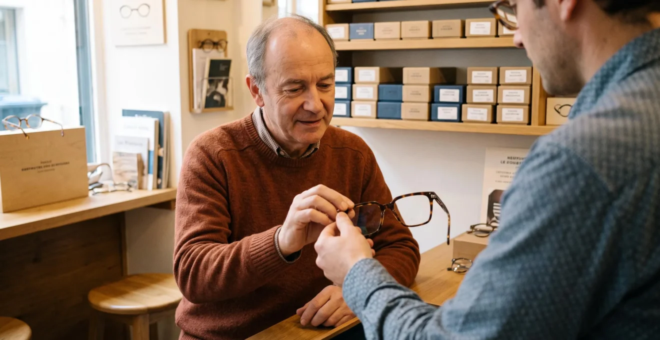 Un client examine une monture oversize présentée par une vendeuse à un comptoir.