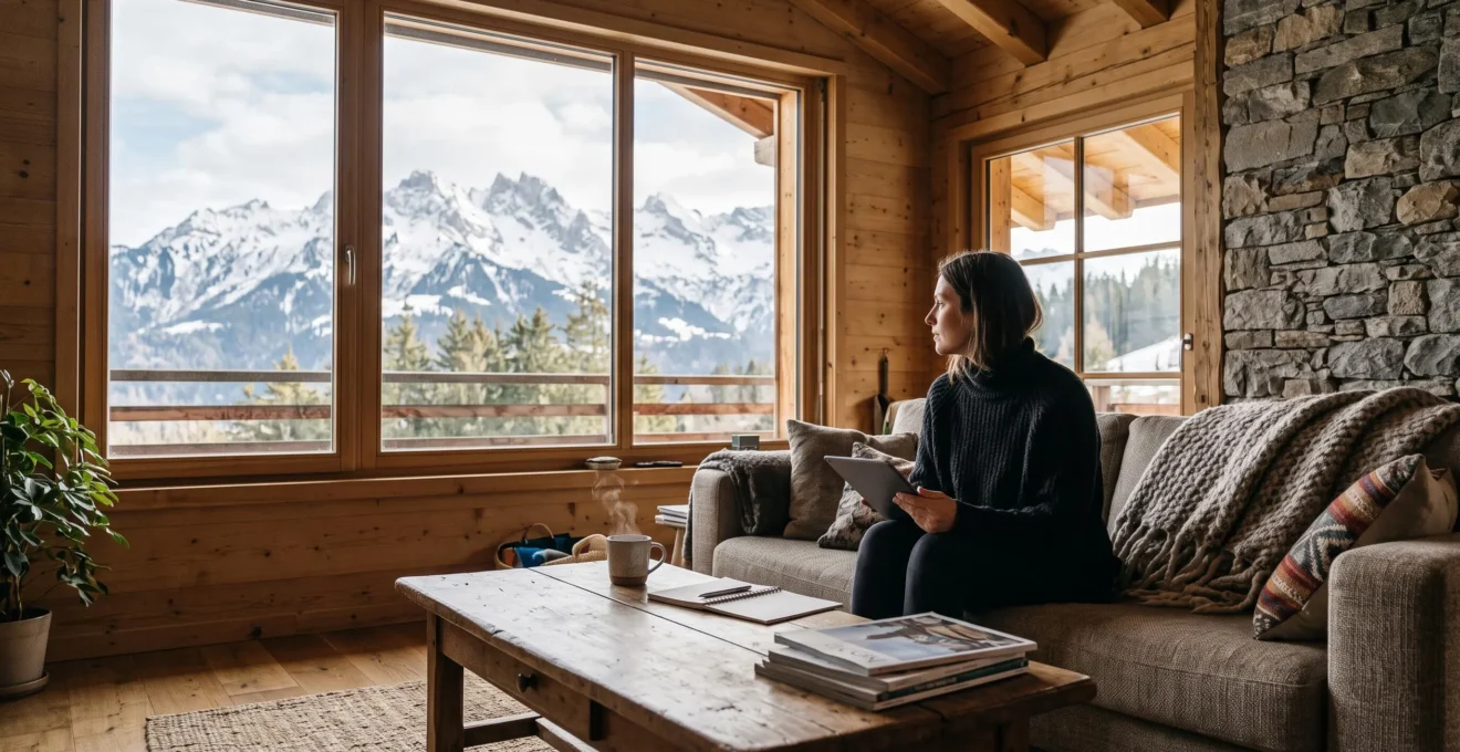 Une femme compare une annonce sur tablette devant la fenêtre donnant sur les Aravis.