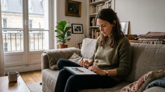 Une femme utilise une tablette posée sur ses genoux dans son salon.