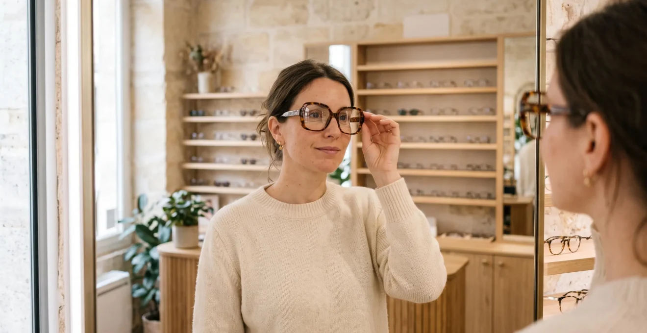Une femme essaie une monture de lunettes oversize devant un miroir en boutique.