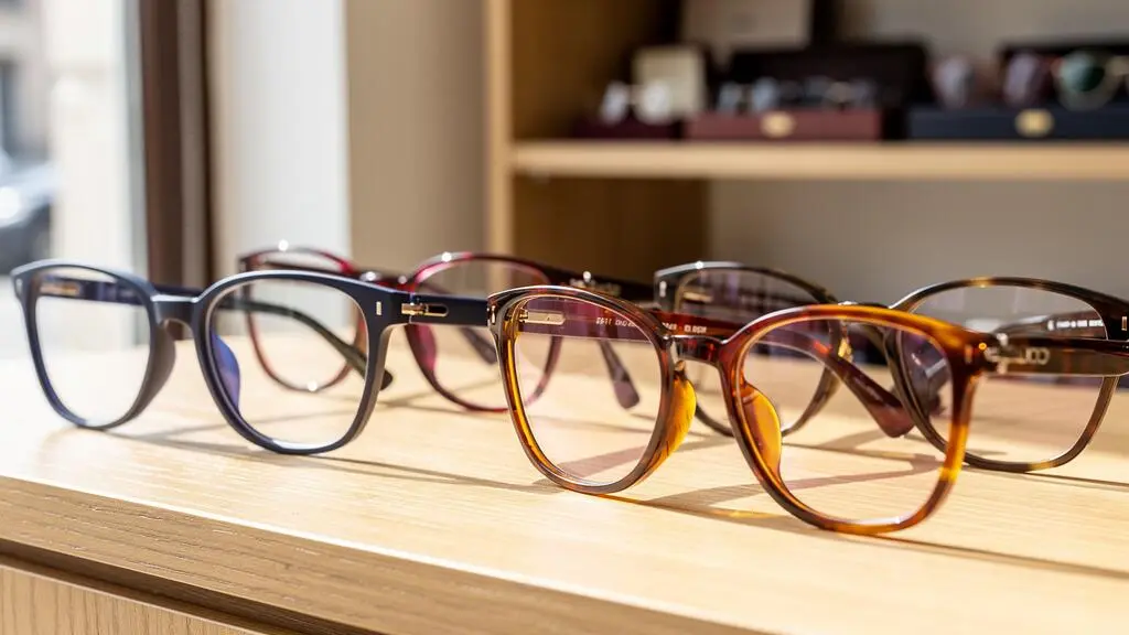 Des montures colorées posées sur un comptoir en bois chez un opticien.