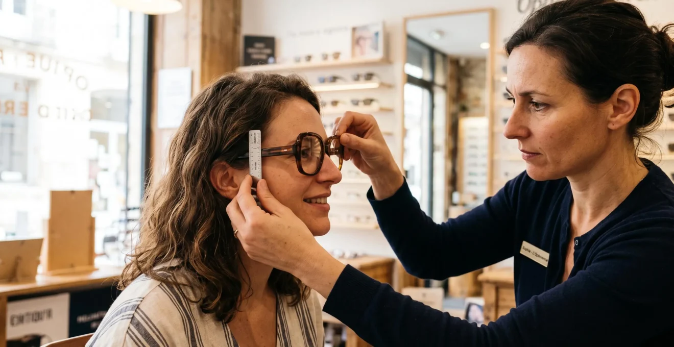 Un opticien ajuste une grande monture sur le visage d'une cliente à l'aide d'un réglet.