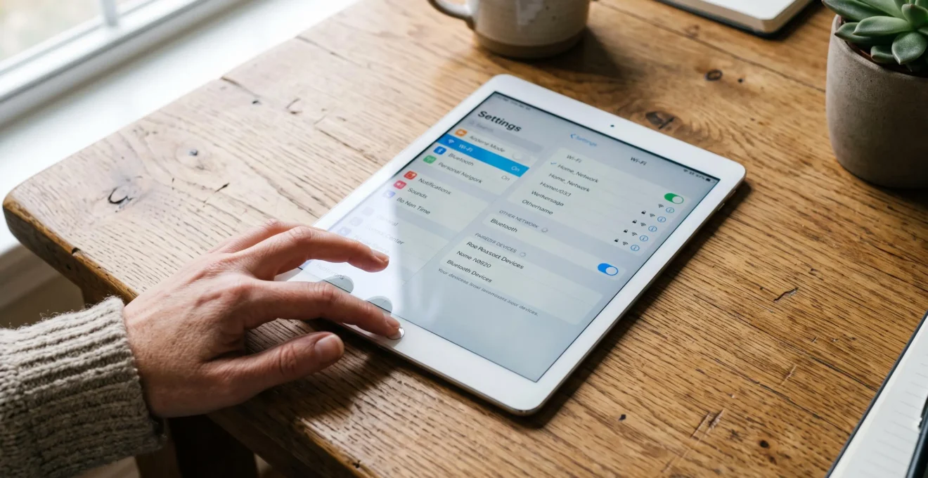 Main ajustant les paramètres Wi-Fi et Bluetooth sur une tablette.