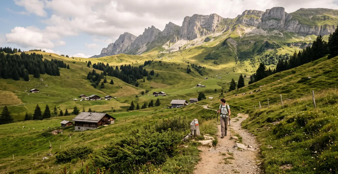 Un randonneur marche sur un sentier d'été face au massif des Aravis.