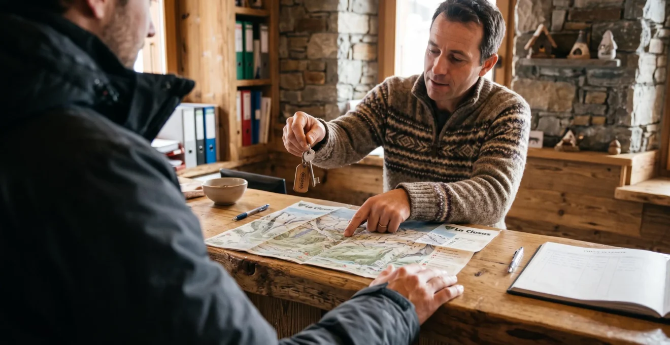 Un hôte remet les clés et indique un itinéraire sur un plan à la réception.