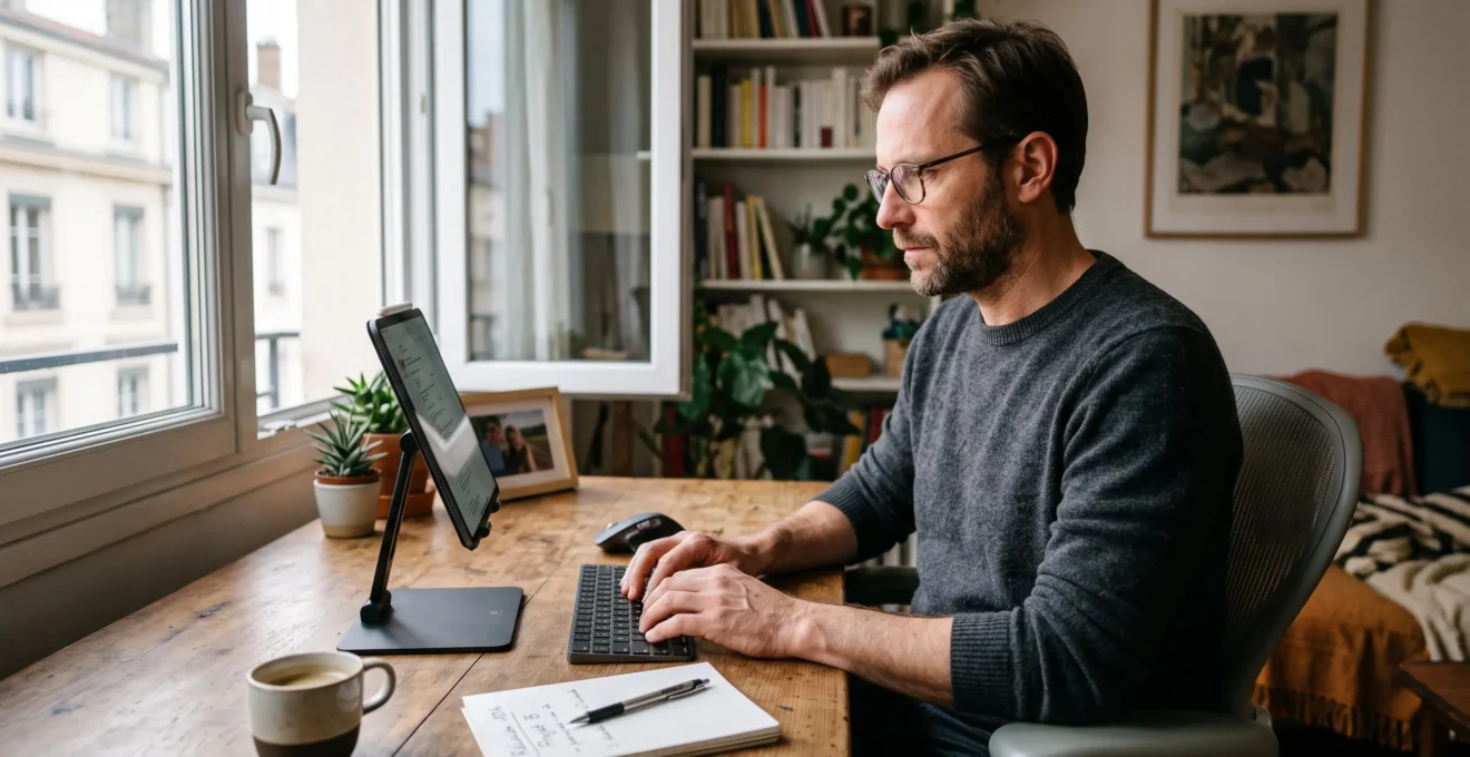 Homme utilisant une tablette sur support avec clavier sans fil au bureau.